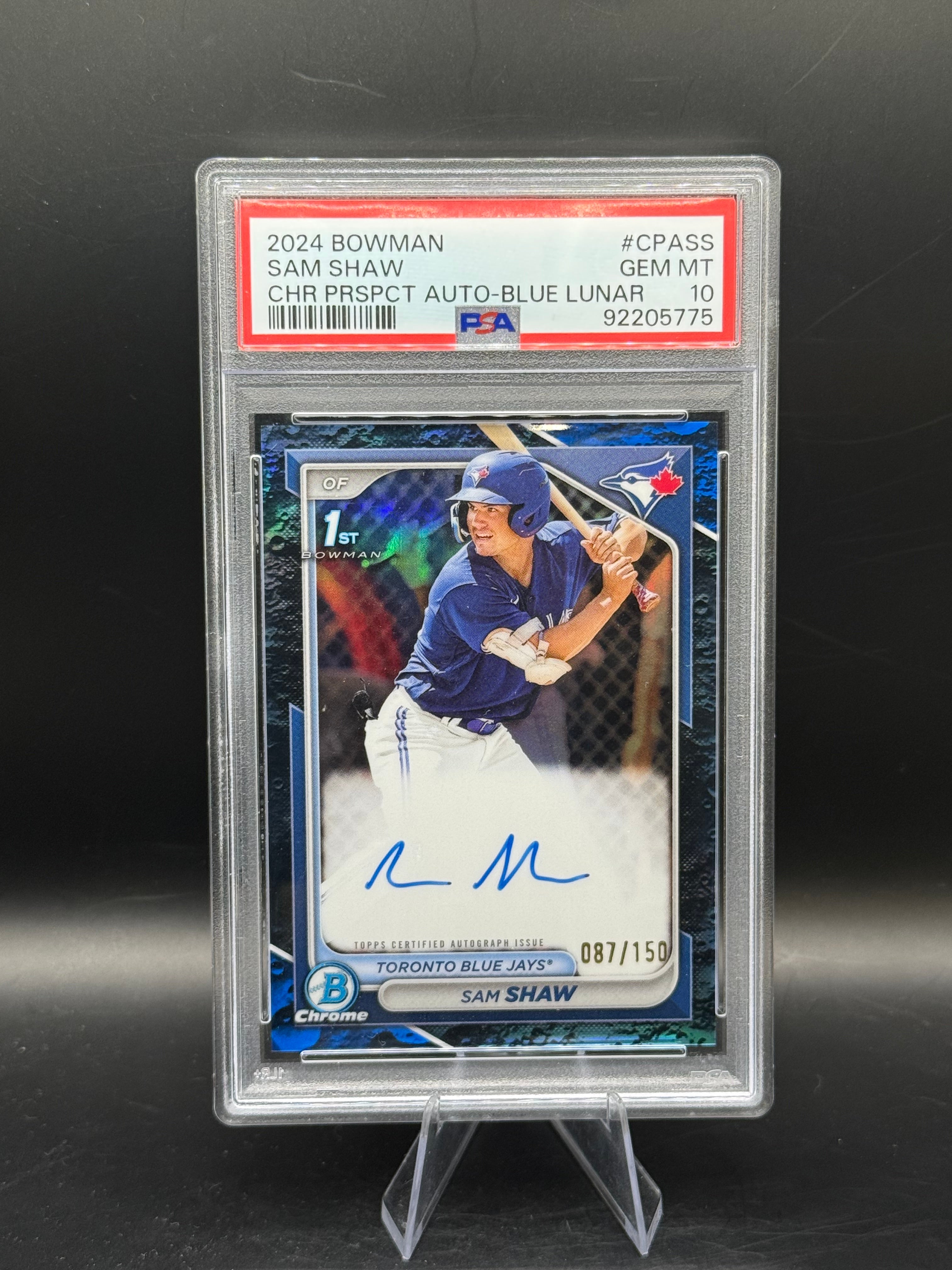 2024 Bowman #CPASS Sam Shaw Chrome Prospect Auto Blue Lunar PSA 10
